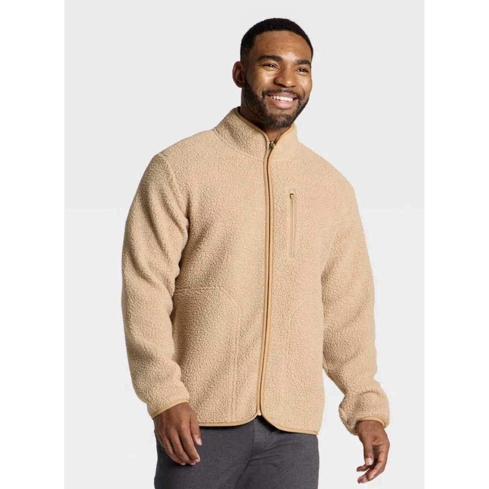 NWT Men's High Pile Fleece Full Zip Sweatshirt - All In Motion Size XL Beige $45